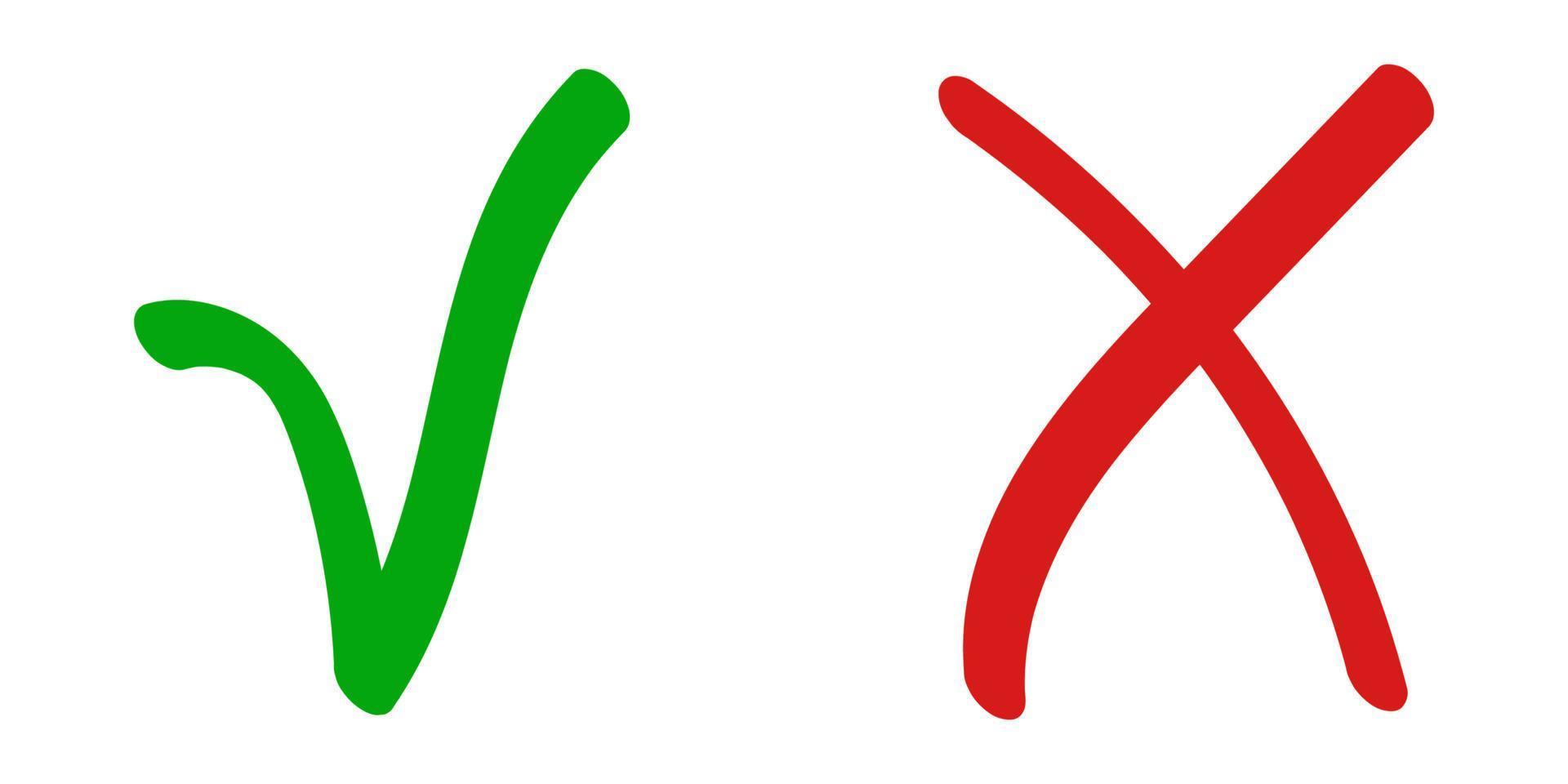 rouge traverser X faux signe rejeté et vert vérifier marque cocher icône approbation confirmation, main tiré vecteur