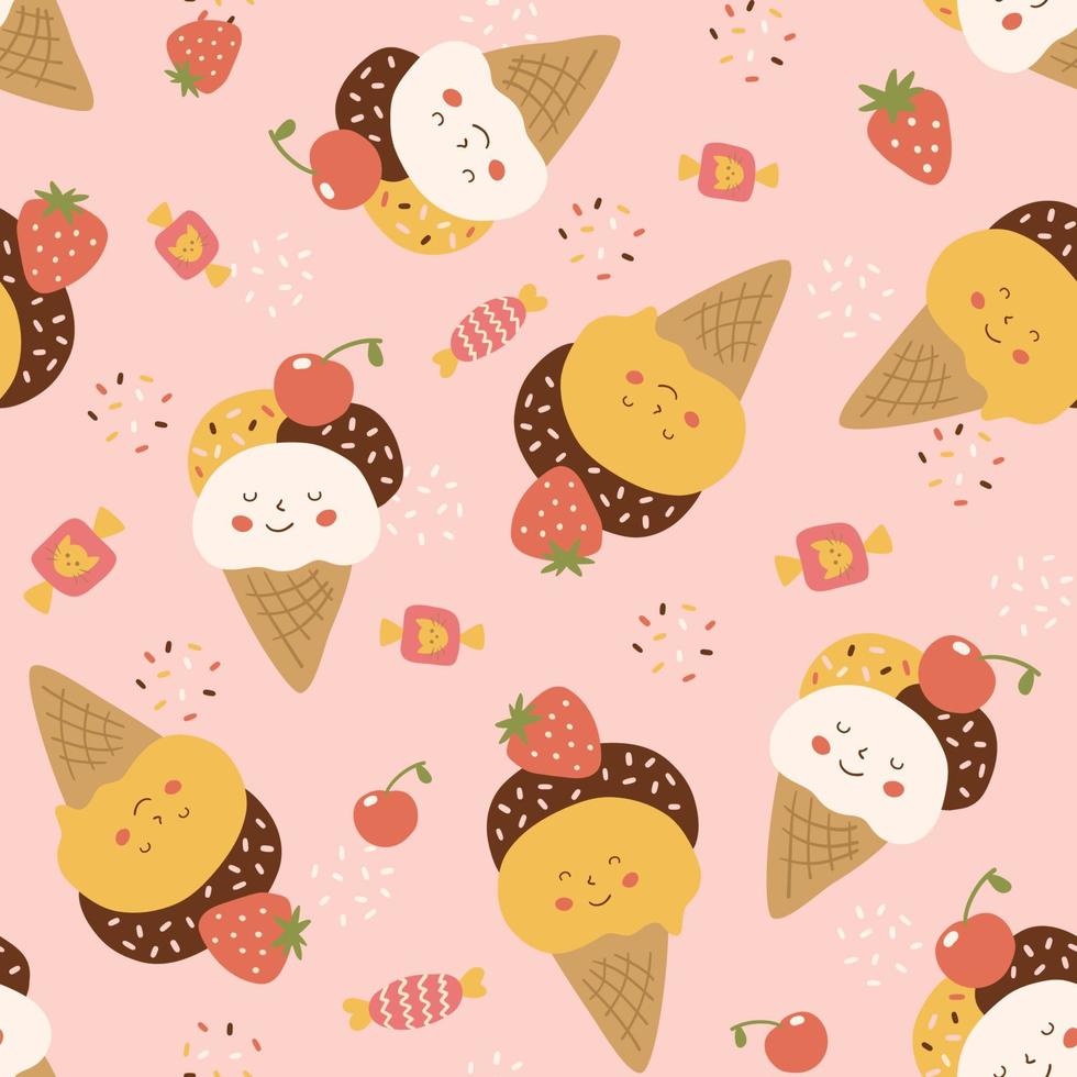 kawaii modèle, kawaii nourriture la glace crème cône sans couture modèle. rose modèle, été sucré Contexte. mignonne souriant la glace crèmes, fraise, cerise, des sucreries fond d'écran textile conception. vecteur illustration.