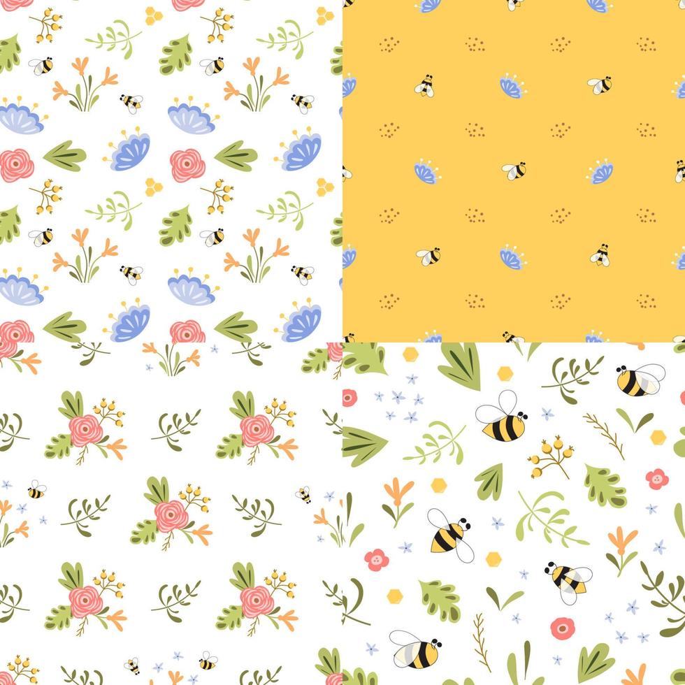 Prairie floral été modèle ensemble. fleurs et mon chéri abeille la nature répété Contexte. vecteur illustration. mignonne main tiré printemps été fleur les abeilles mon chéri brillant répété modèle en tissu fond d'écran.