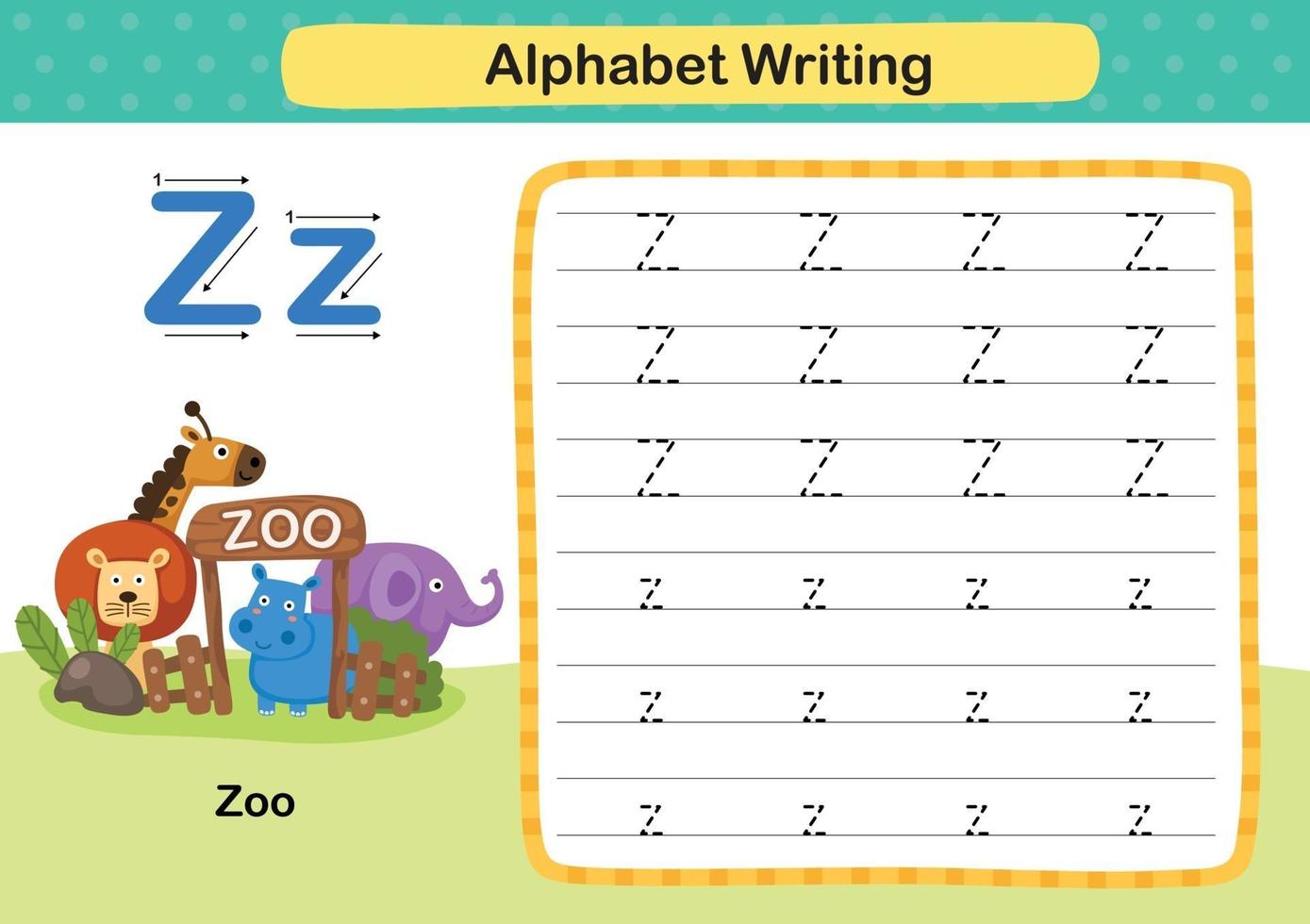 alphabet lettre z-zoo exercice avec illustration de vocabulaire de dessin animé, vecteur