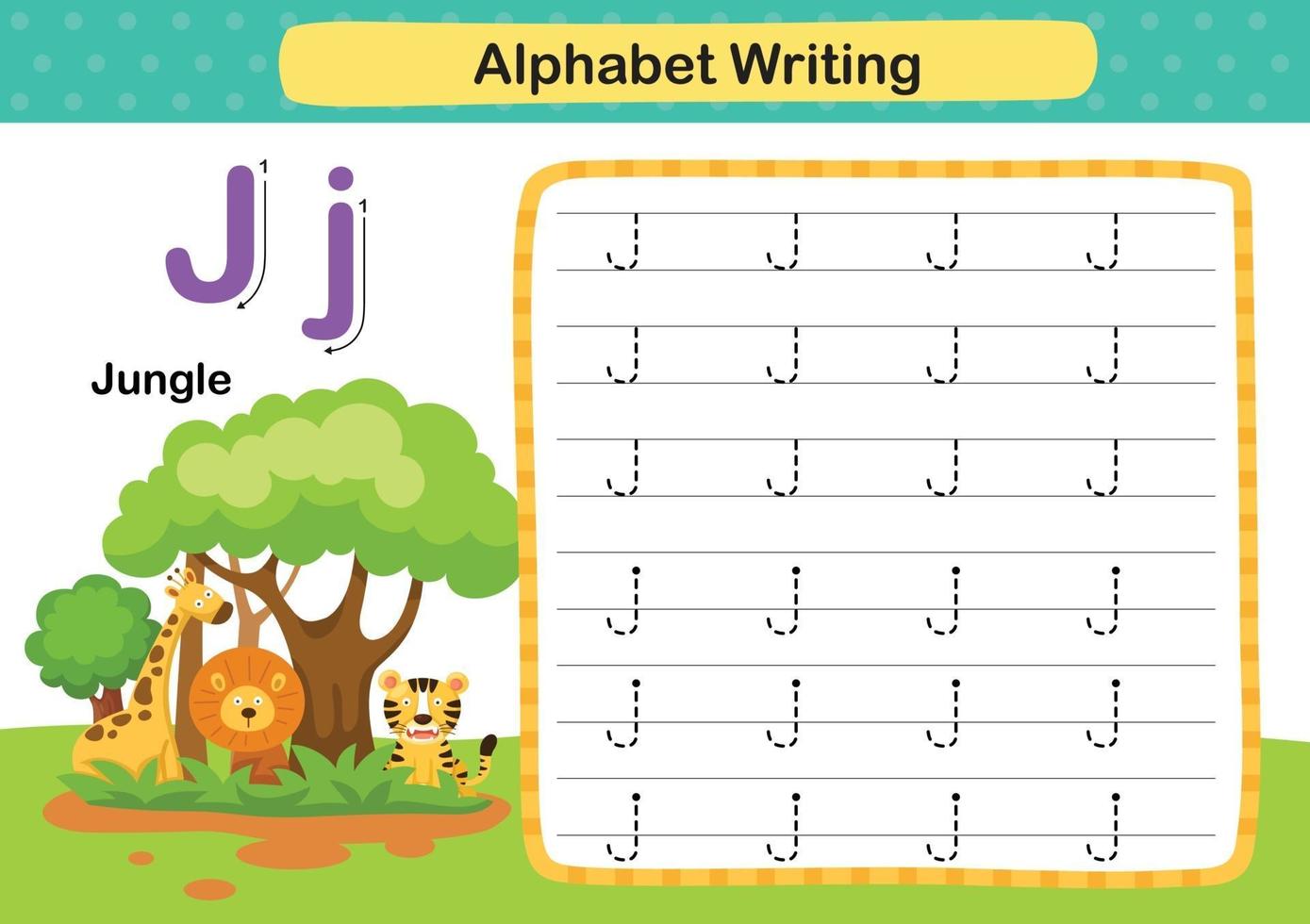 lettre de l'alphabet j-jungle exercice avec illustration de vocabulaire de dessin animé, vecteur