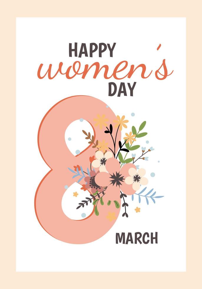international aux femmes journée salutation carte modèle. 8 mars. fleurs et feuilles. mignonne Facile vecteur illustration