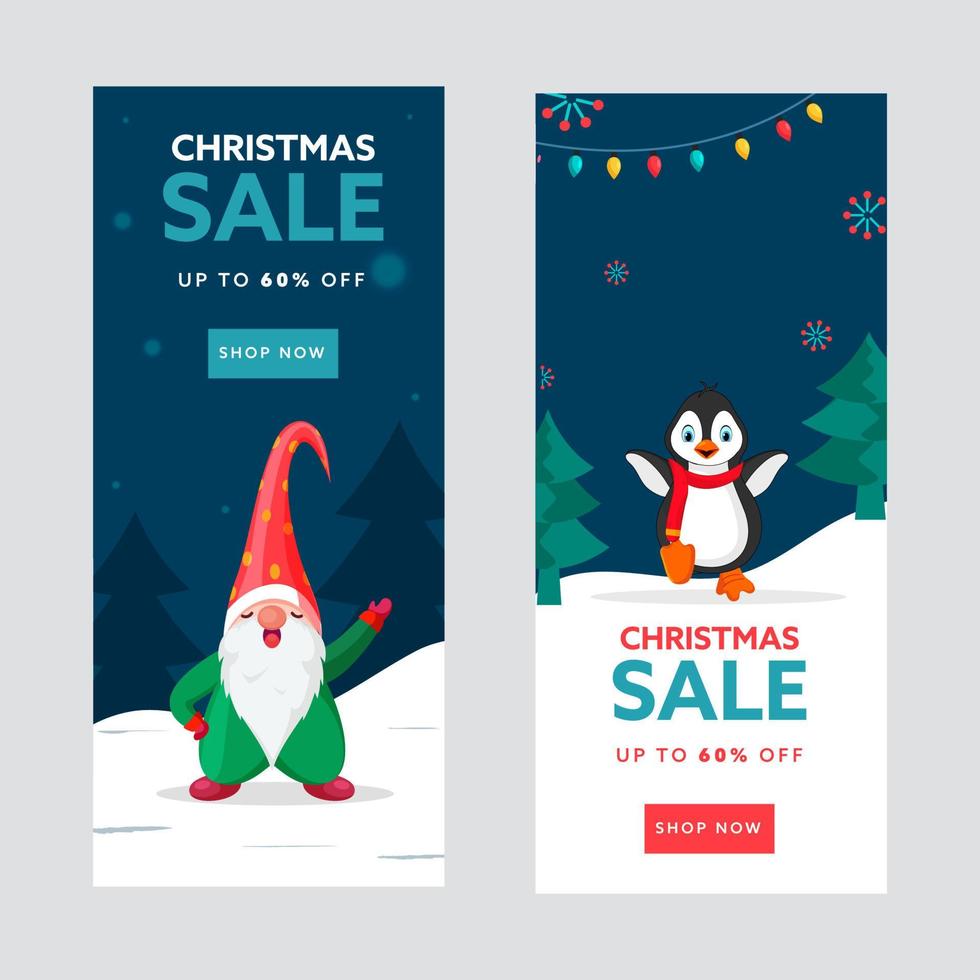 Noël vente modèle ou verticale bannière ensemble avec 60 remise offre, dessin animé manchot et gnome personnage. vecteur