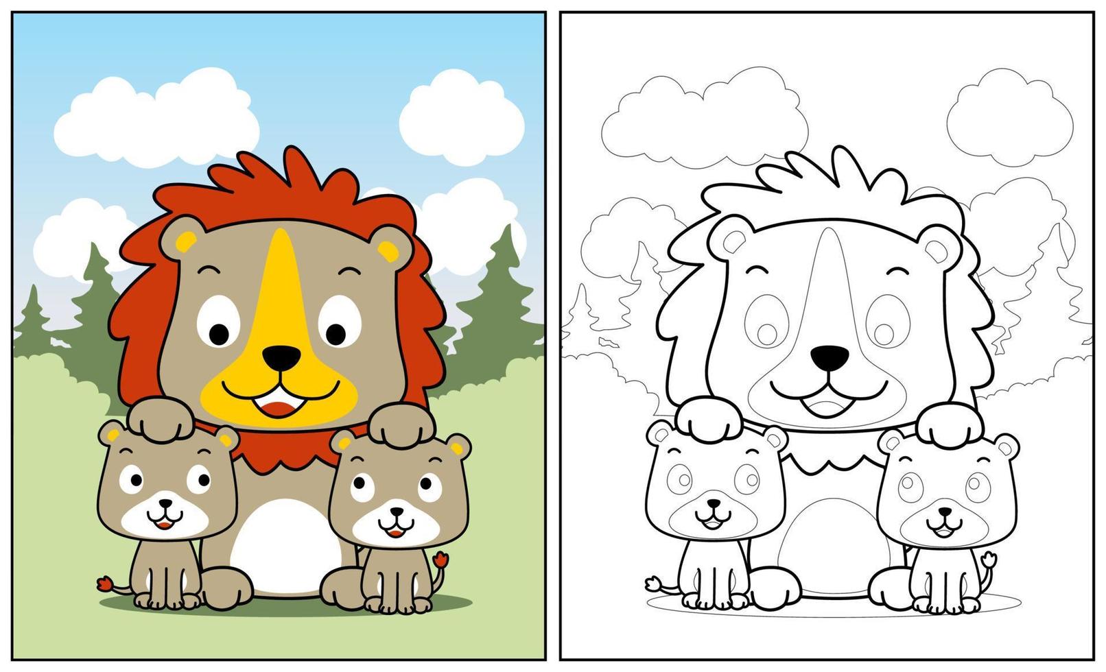 mignonne Lion famille, vecteur dessin animé illustration, coloration page ou livre