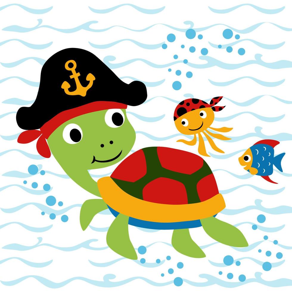 mignonne tortue portant pirate casquette avec calamar et poisson sous-marin, vecteur dessin animé illustration