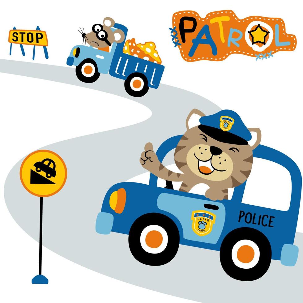 marrant chat sur police voiture ciselure souris sur un camion vol fromage, vecteur dessin animé illustration