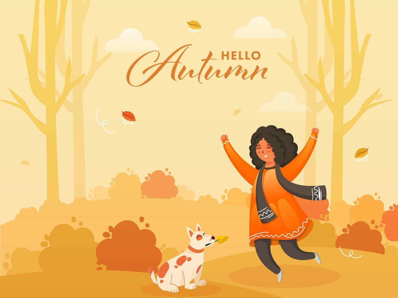 de bonne humeur mignonne fille avec chien personnage sur la nature Contexte pour Bonjour l'automne. pouvez être utilisé comme affiche ou bannière conception. vecteur