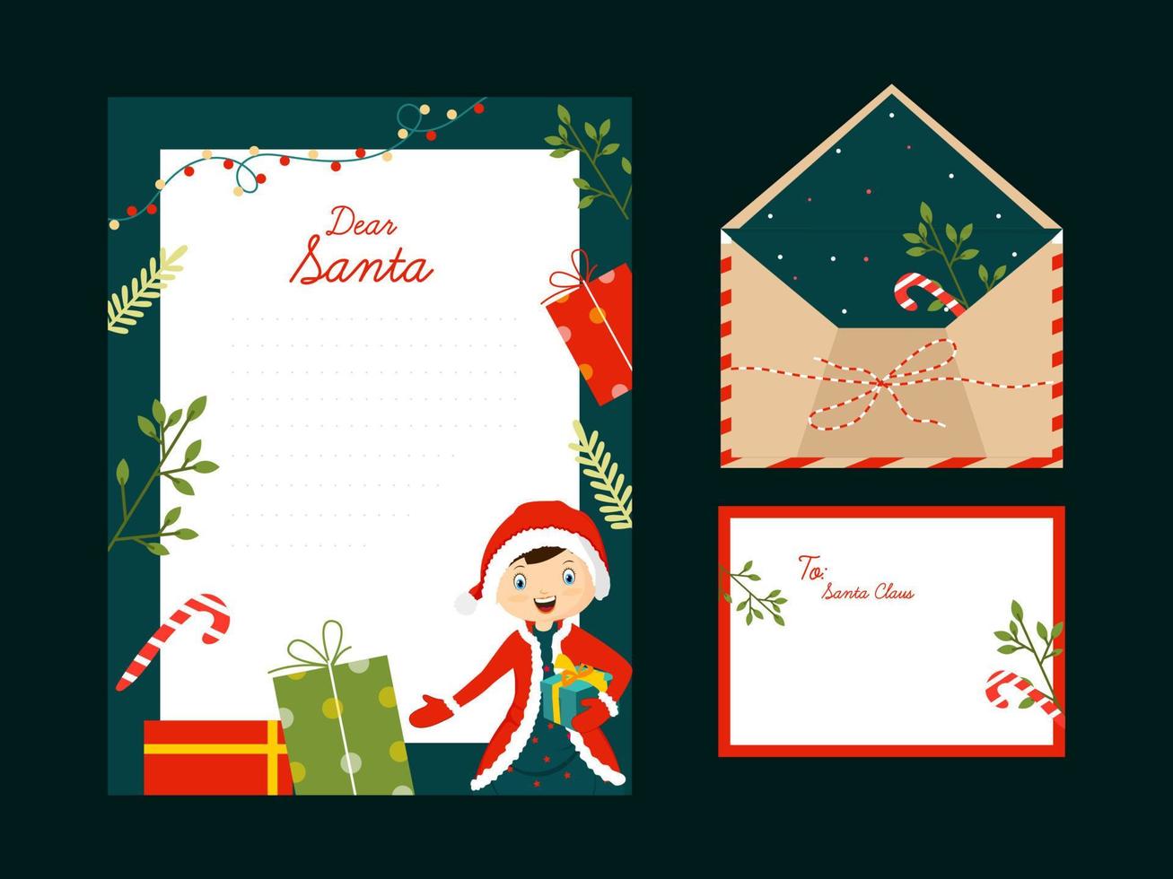 cher Père Noël lettre ou salutation carte avec espace pour texte et double face enveloppe cadeau. vecteur