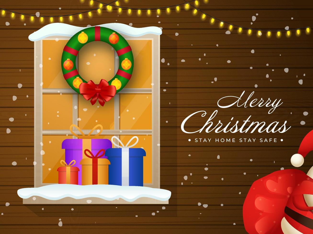 marron en bois chute de neige Contexte avec éclairage guirlande, fenêtre, décor couronne, cadeau des boites sur le occasion de joyeux Noël rester Accueil rester sûr. vecteur
