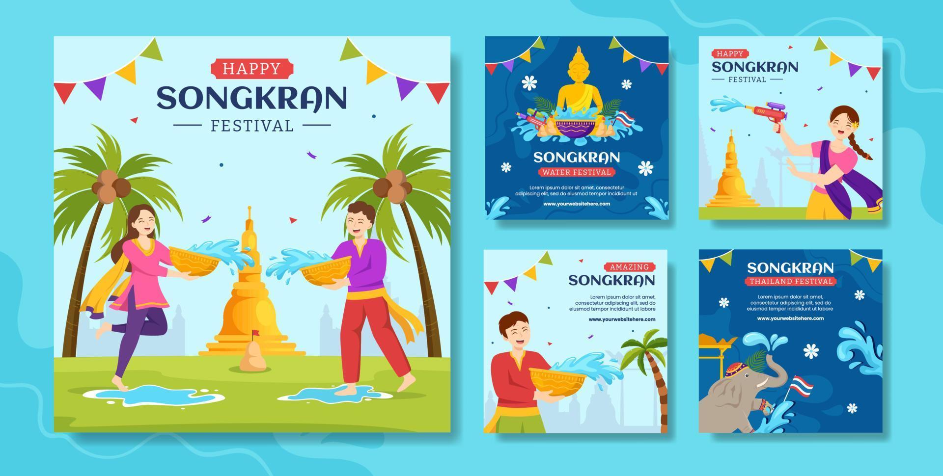 Songkran Festival journée social médias Publier plat dessin animé main tiré modèles Contexte illustration vecteur