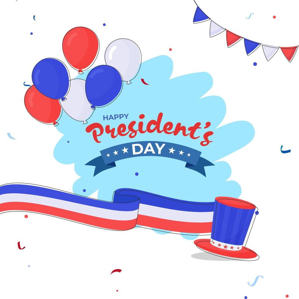 content du président journée affiche conception avec oncle sam chapeau, américain tricolore des ballons, ondulé ruban et bruant drapeau sur blanc Contexte. vecteur