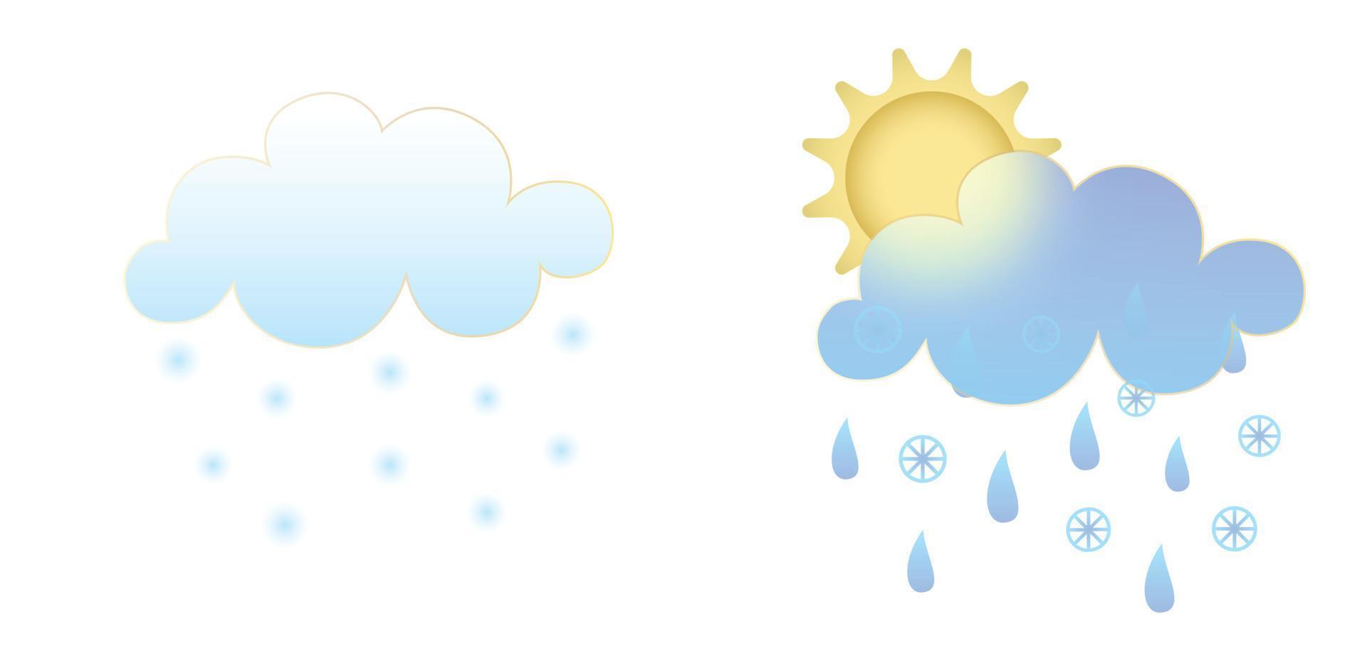 ensemble de temps Icônes. morphisme du verre style symboles pour meteo prévoir application. éléments isolé sur blanc Contexte. journée hiver l'automne saison chante. soleil, pluie et neige des nuages. vecteur des illustrations