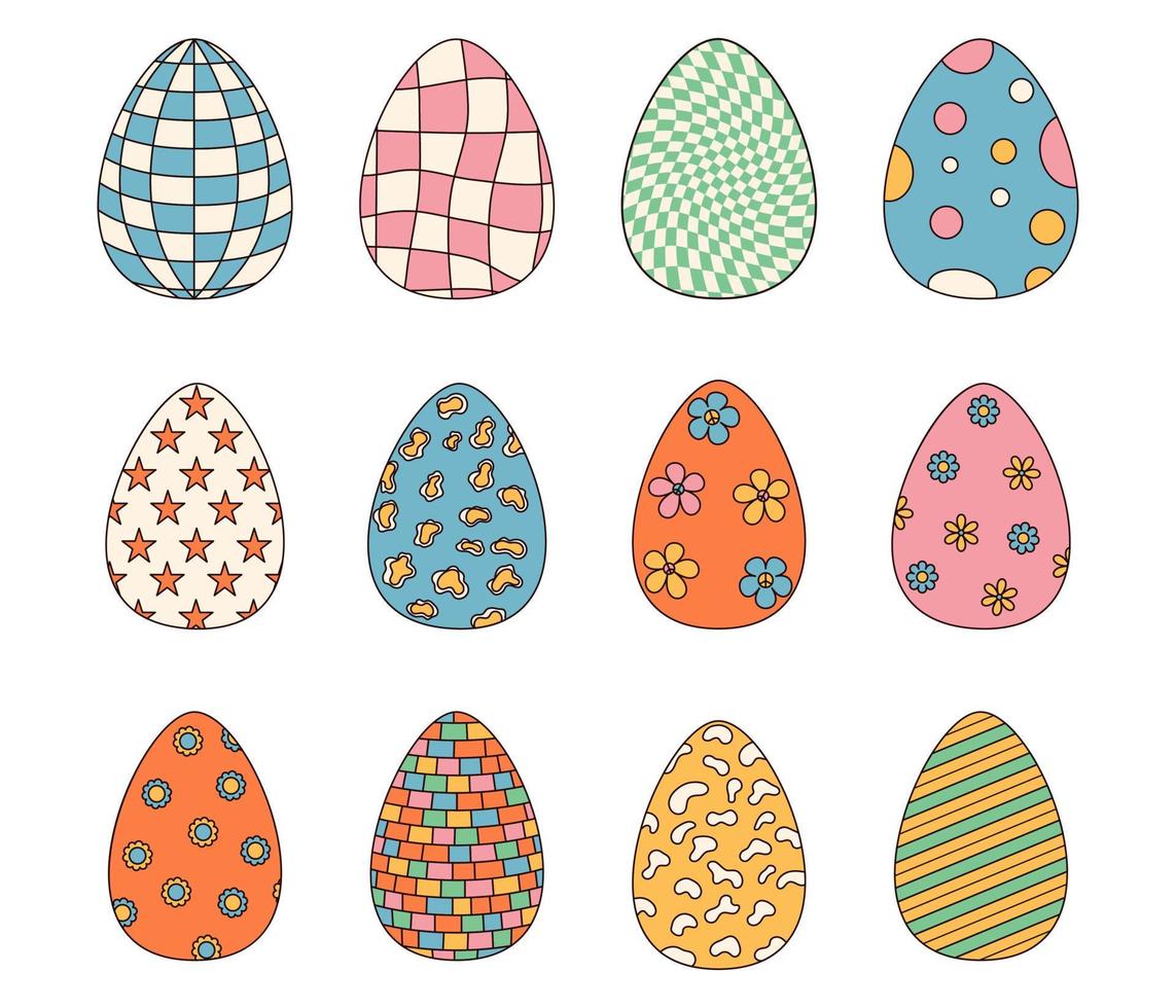 sensationnel hippie content Pâques. ensemble de Pâques des œufs avec motifs dans branché rétro Années 60 Années 70 style. vecteur