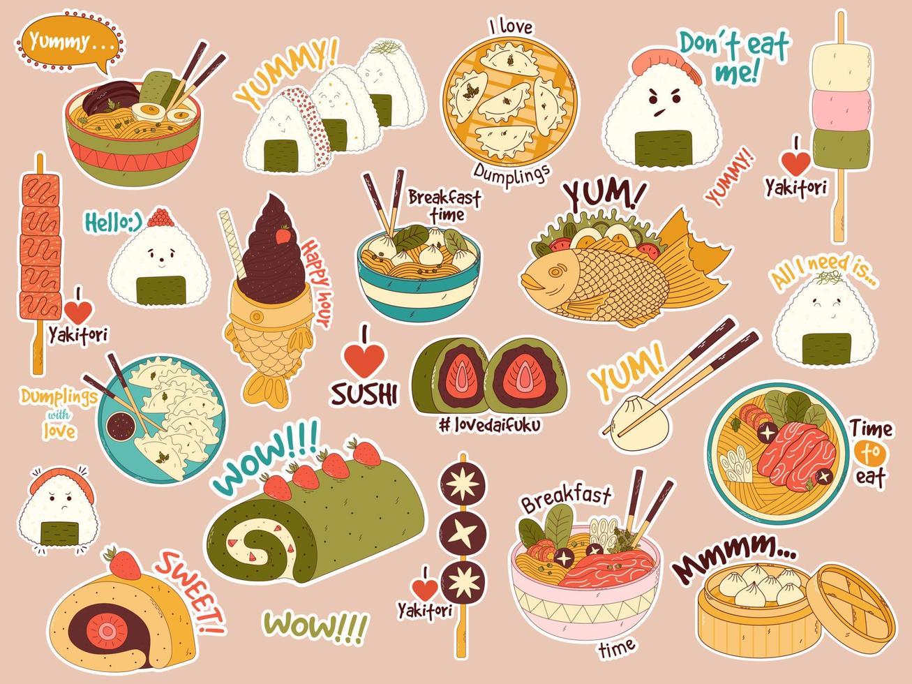 traditionnel Japonais nourriture autocollants. asiatique yakitori brochettes, ramens, Dumplings, taiyaki, matcha gâteau rouleau, shabu shabou, onigiri, wonton, daïfuku. vecteur illustration