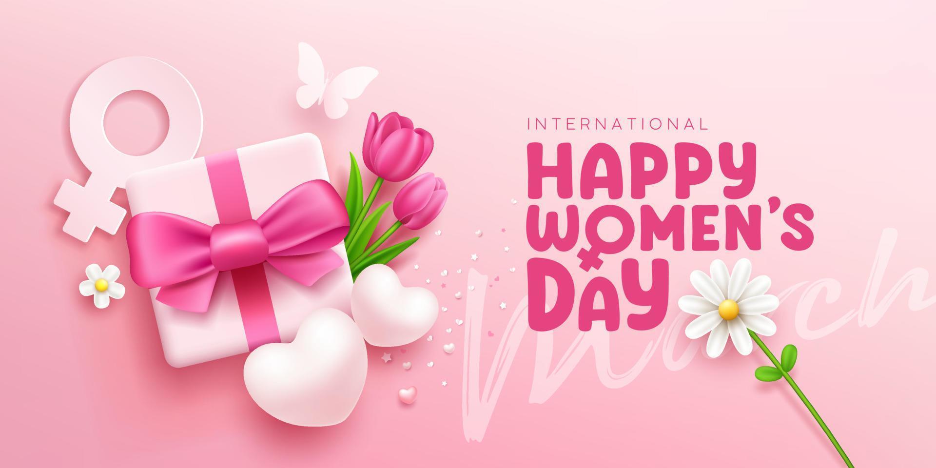 content aux femmes journée cadeau boîte rose arcs ruban avec tulipe fleurs et papillon, cœur, blanc fleur, bannière concept conception sur rose arrière-plan, eps10 vecteur illustration.