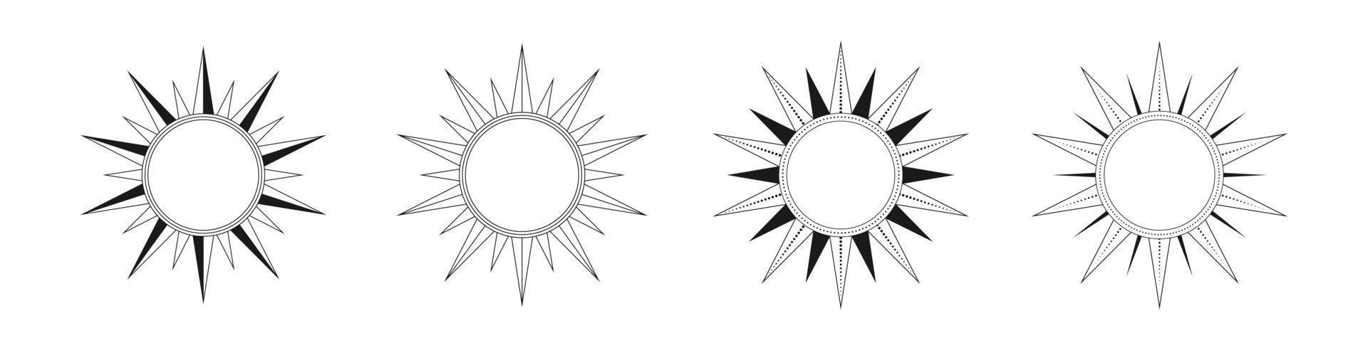 abstrait céleste Soleil vecteur illustration ensemble. bohémien mystique symbole éclatement Soleil des rayons. la magie talisman, antique tribal style, bohème, tatouage, art imprimer, tarot