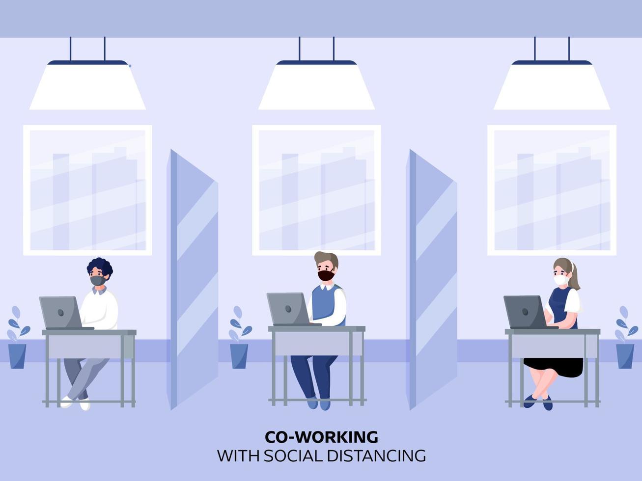 collaborateur gens travail à séparé lieu de travail avec portant protecteur masque dans Bureau pour maintenir social distance, éviter corona virus. vecteur