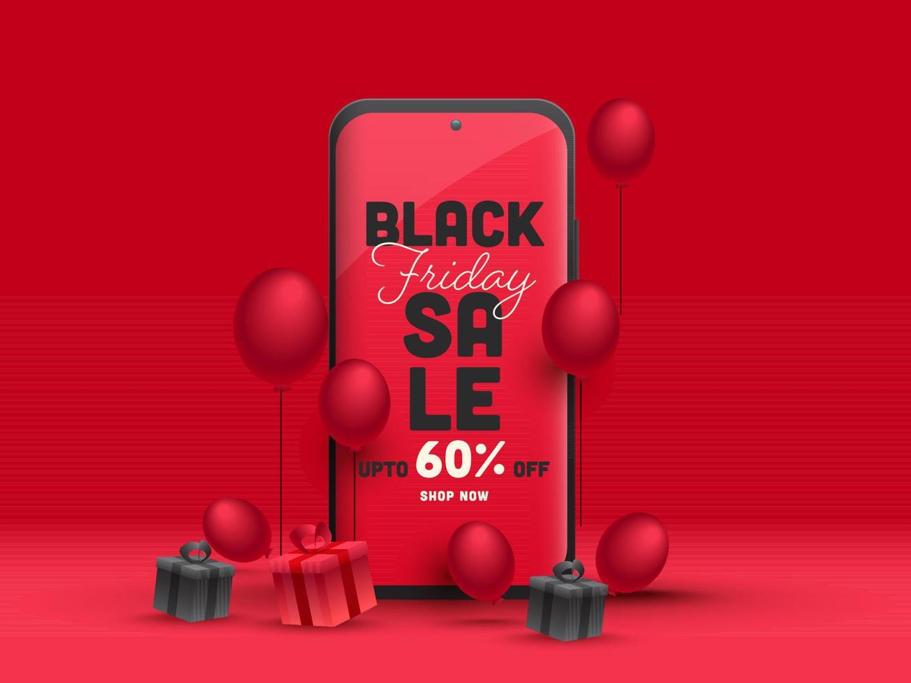 noir Vendredi vente app dans téléphone intelligent avec 60 remise offre, réaliste cadeau des boites et des ballons sur rouge Contexte. vecteur