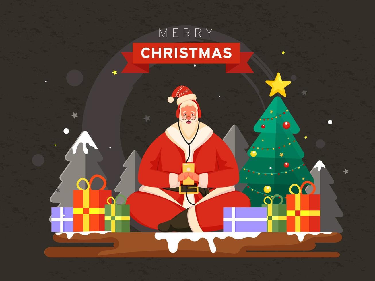 illustration de Père Noël claus en portant téléphone intelligent et Ecoutez à la musique de casque de musique, Noël des arbres avec cadeau des boites sur foncé olive Contexte pour joyeux Noël fête. vecteur