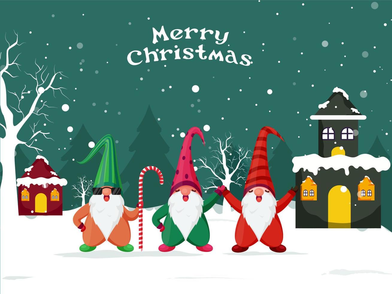 dessin animé gnomes personnage avec bonbons canne et neigeux Maisons sur hiver paysage Contexte pour joyeux Noël fête. vecteur