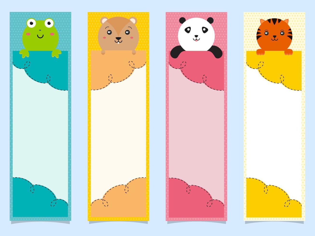 dessin animé grenouille, ours, Panda, tigre en portant différent Couleur signets. vecteur