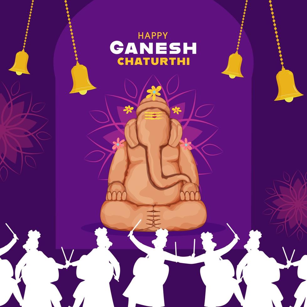 sculpture de ganesha fabriqué par sol avec pendaison cloches et silhouette gens en jouant dhol sur violet Contexte pour ganesh chaturthi fête. vecteur