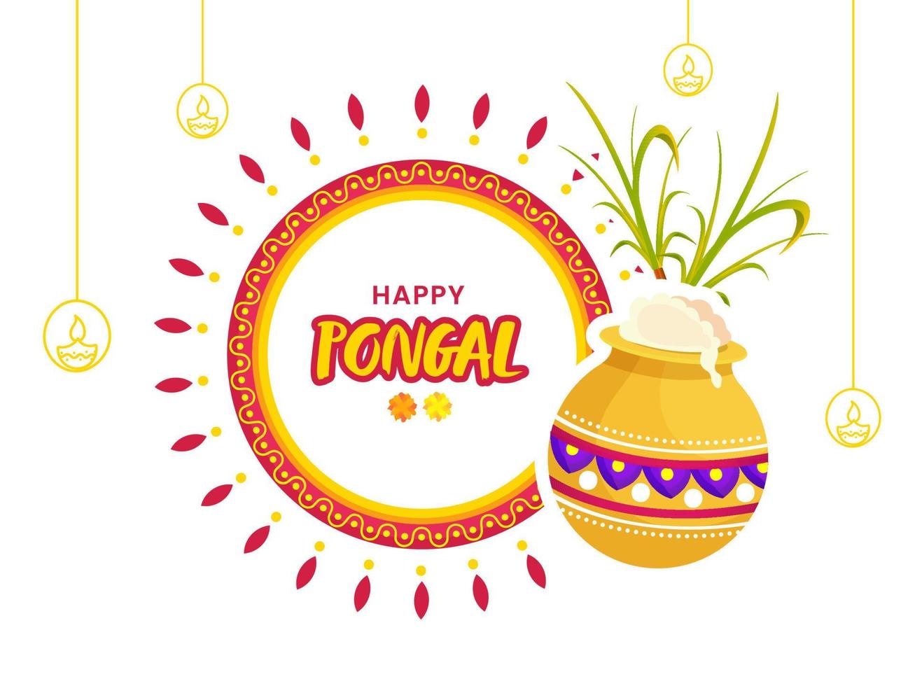 content pongal fête concept avec traditionnel plat dans boue pot et canne à sucre sur blanc mandala modèle Contexte. vecteur