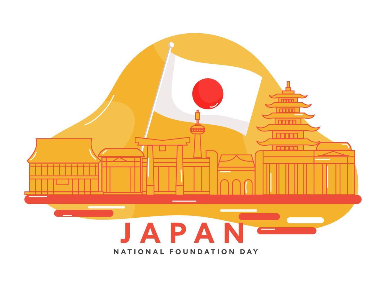 Japon fondation journée concept avec nationale drapeaux, ligne art Japonais célèbre les monuments ou architectes sur Jaune et blanc Contexte. vecteur