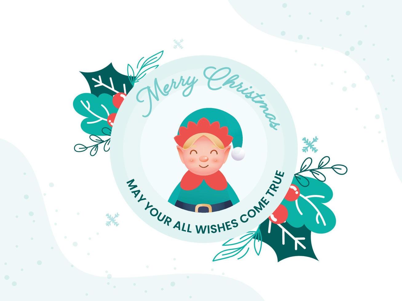 joyeux Noël salutation carte conception avec dessin animé elfe personnage et feuilles décoré Contexte. vecteur