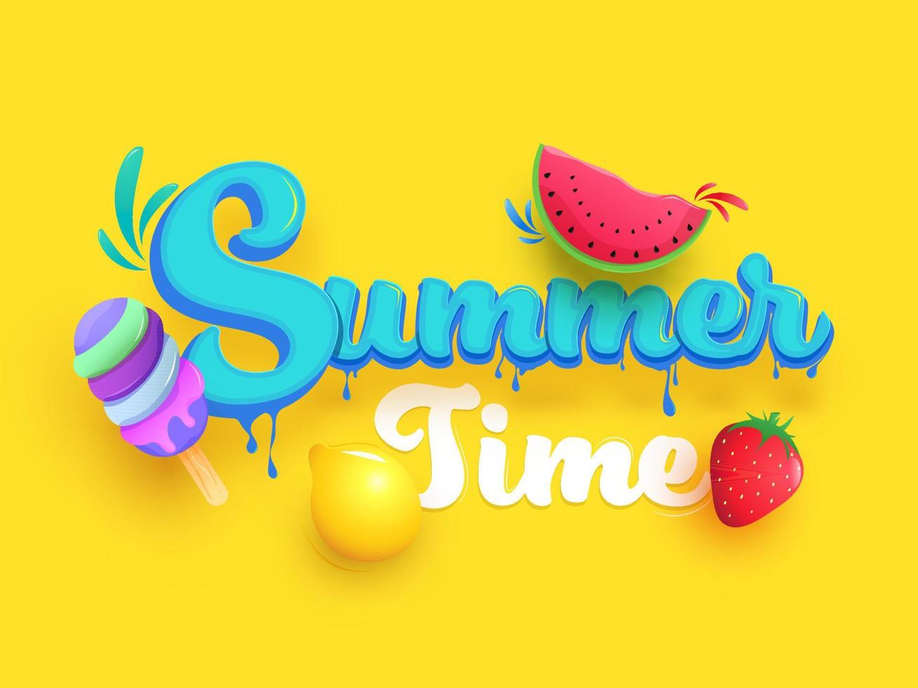 saison temps de été égouttage Police de caractère avec réaliste pastèque tranche, citron, fraise et la glace crème sur Jaune Contexte. vecteur