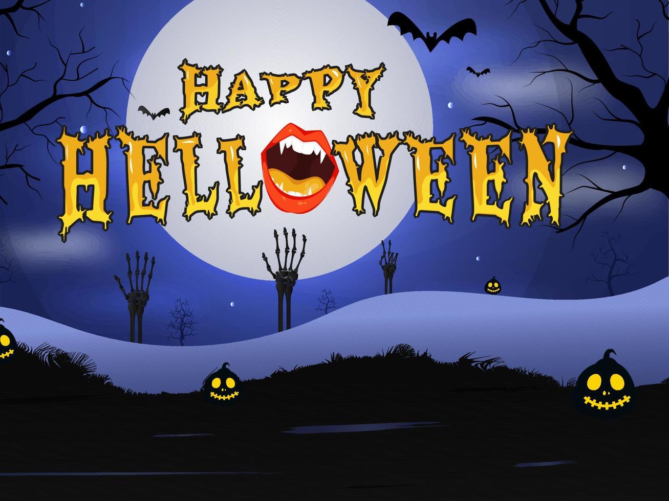 Jaune effrayant content Halloween Police de caractère avec monstre bouche, citrouilles, chauves-souris en volant et squelette mains sur plein lune bleu forêt Contexte. vecteur