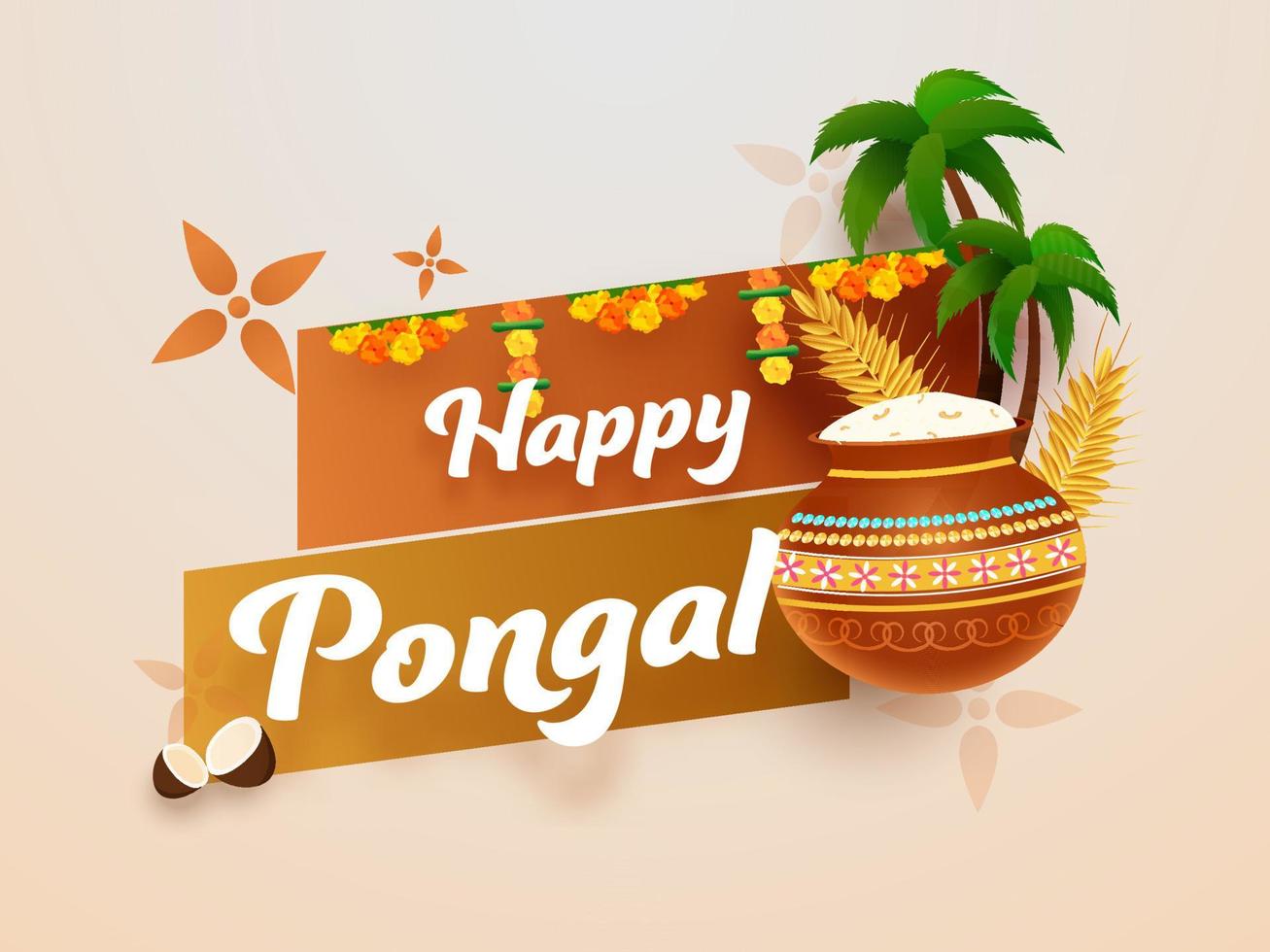 content pongal Police de caractère avec pongali riz boue pot, blé oreille, paume des arbres et courir décoré Contexte pour fête concept. vecteur