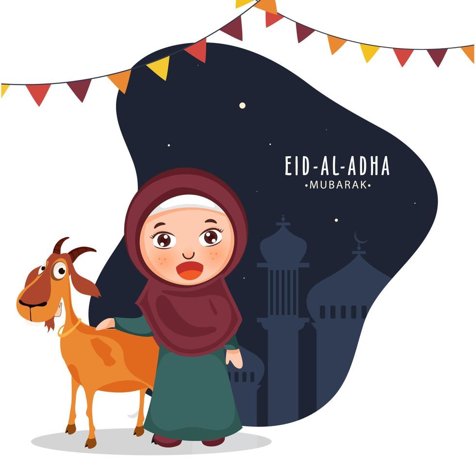 magnifique musulman fille avec dessin animé chèvre et bruant drapeaux sur abstrait silhouette mosquée Contexte pour Aïd al-Adha mubarak fête. vecteur