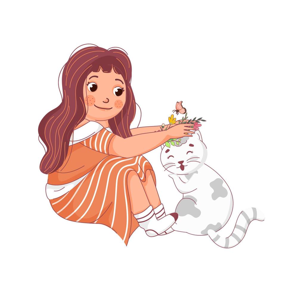 mignonne fille en portant fleurs avec chat et papillon sur blanc Contexte. vecteur