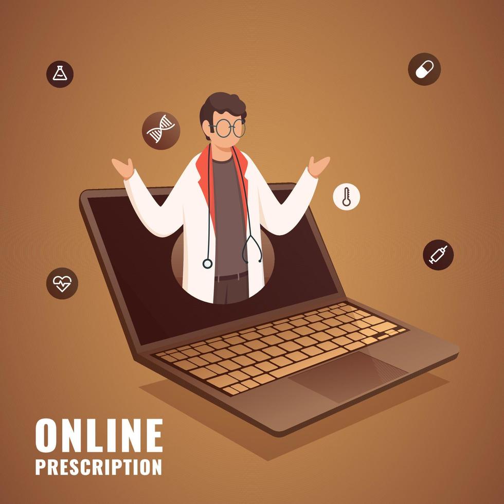 dessin animé médecin homme dans réaliste portable écran avec médical éléments sur marron Contexte pour en ligne ordonnance. vecteur