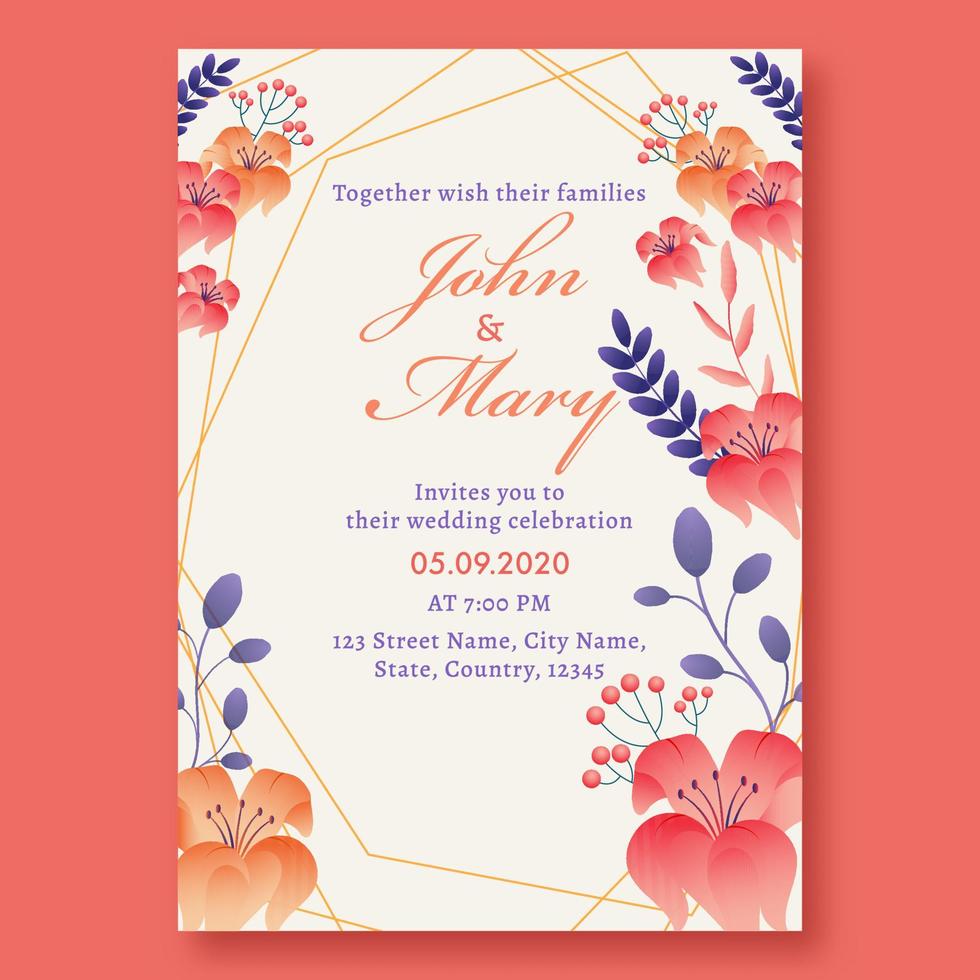 magnifique floral mariage invitation carte conception avec lieu détails. vecteur