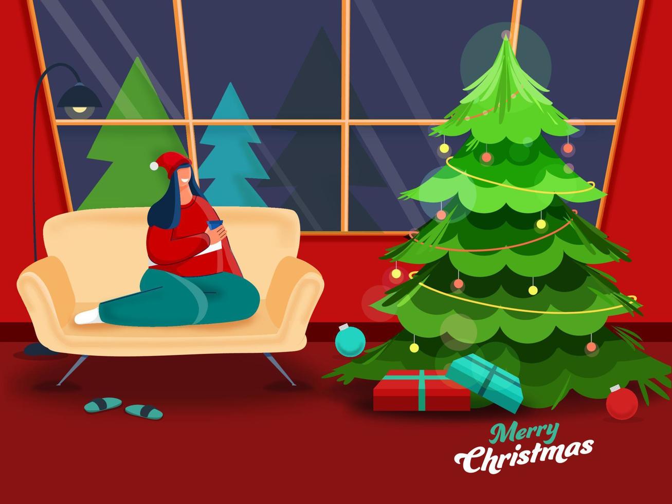 dessin animé Jeune femme en buvant thé ou café sur canapé avec cadeau des boites et décoratif Noël arbre dans vivant pièce pour joyeux Noël. vecteur