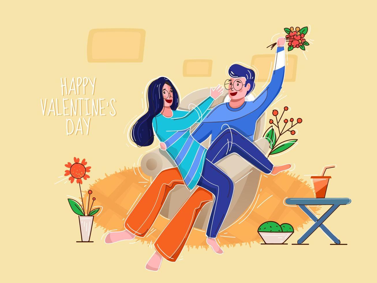 Jeune garçon en portant une fleur bouquet taquiner le sien petite amie sur canapé avec plante pot pour content la Saint-Valentin journée concept. vecteur