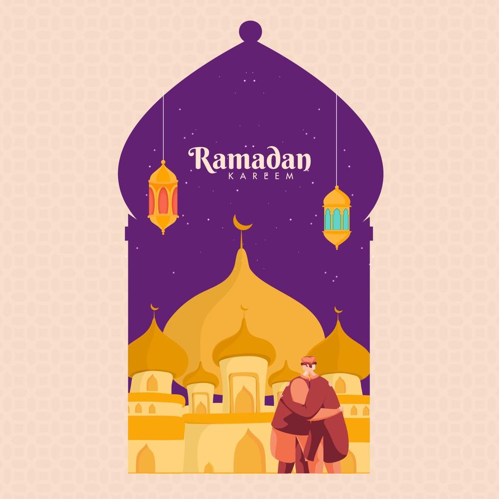 Ramadan kareem fête Contexte avec musulman Hommes étreindre à chaque autre dans de face de Jaune mosquée. vecteur