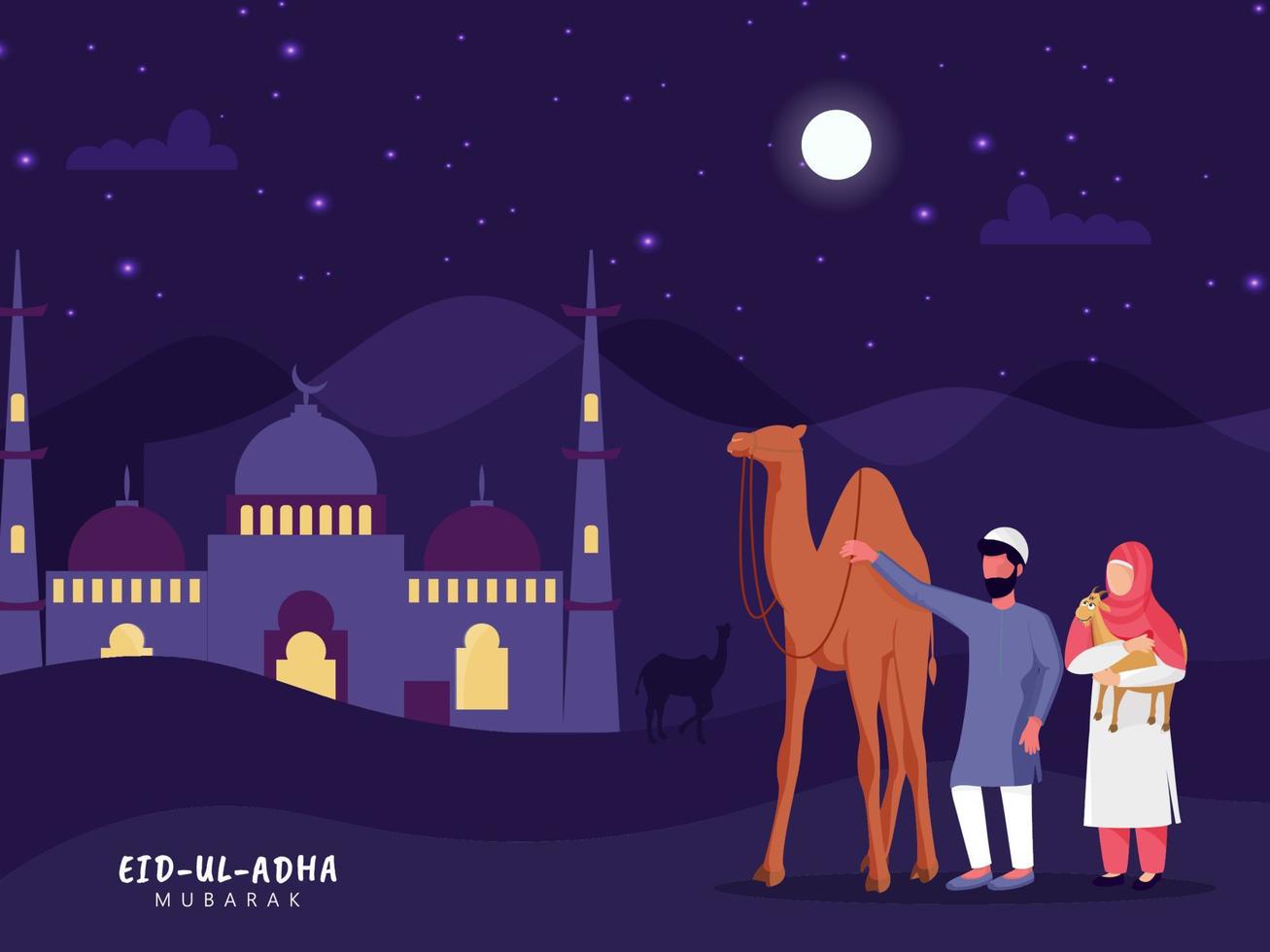 dessin animé musulman couple en portant chameau avec chèvre dans de face de mosquée et plein lune nuit vue sur le occasion de eid-ul-adha mubarak fête. vecteur