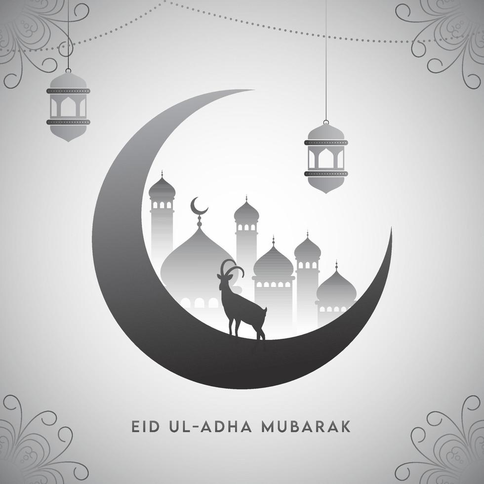 illustration de croissant lune avec mosquée, silhouette chèvre et pendaison lanternes sur lumière gris floral Contexte. vecteur
