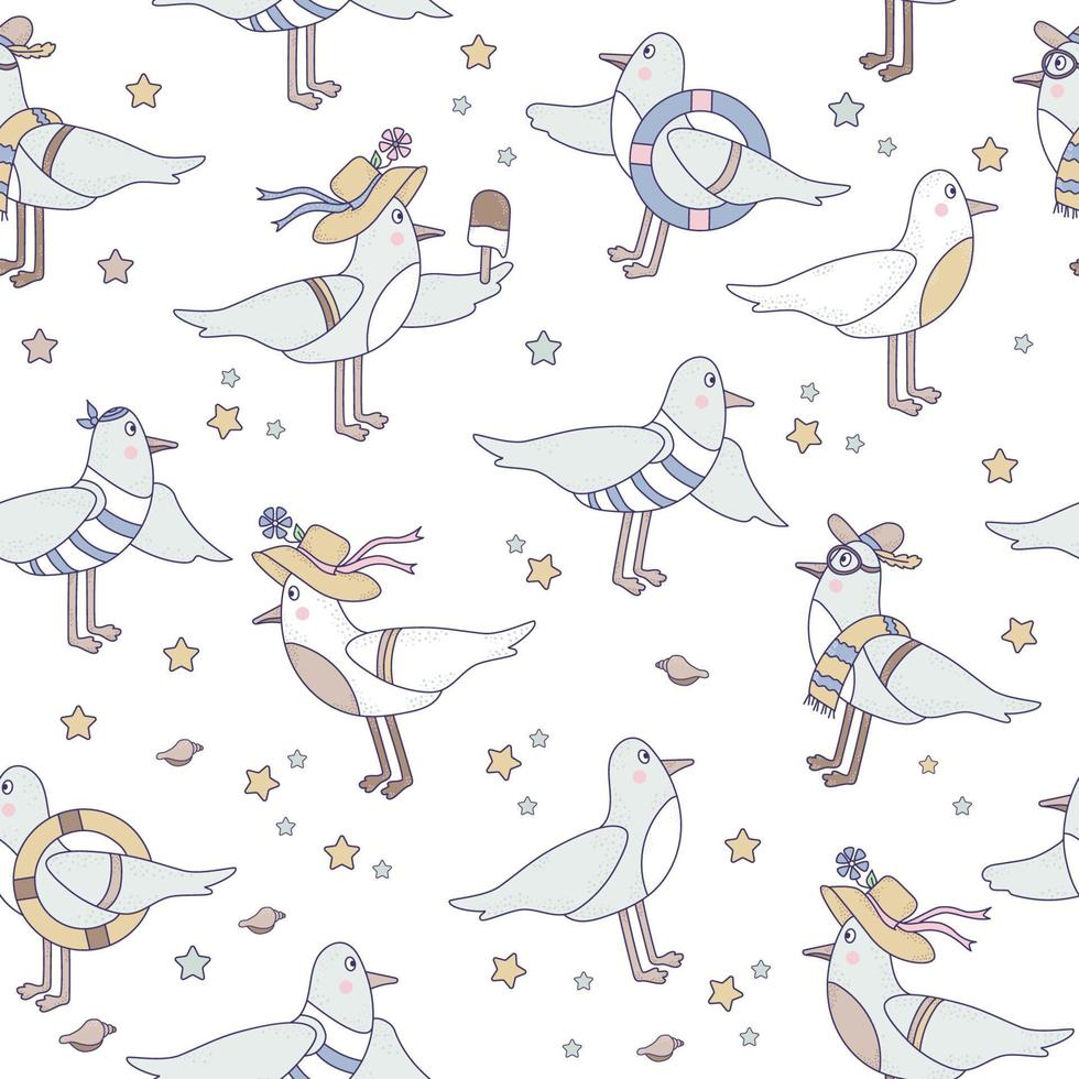 sans couture motifs avec oiseaux de mer. mignonne marrant mouettes dans tenue de plage sur blanc Contexte avec coquillages et étoile de mer. vecteur illustration