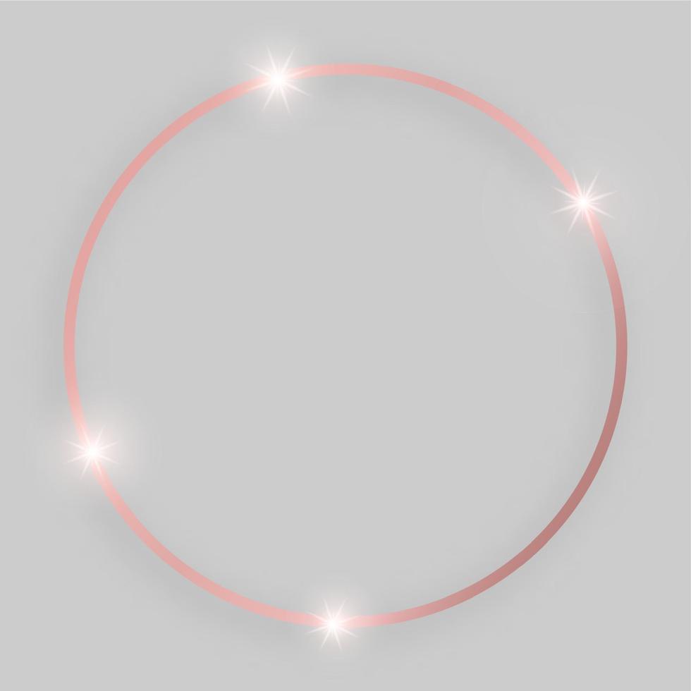 cadre brillant avec des effets lumineux. cadre rond en or rose avec ombre sur fond gris. illustration vectorielle vecteur