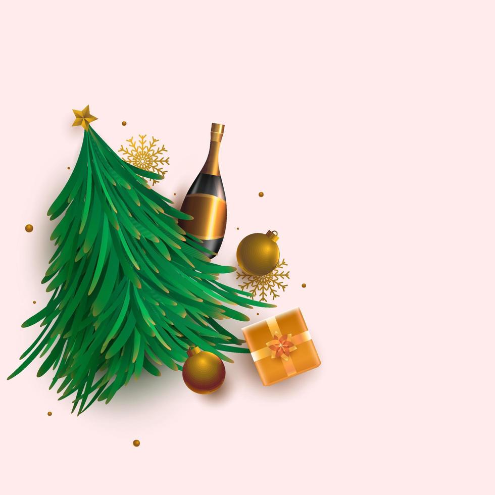 illustration de vert Noël arbre avec 3d Champagne bouteille, boules, flocons de neige et cadeau boîte sur pastel rose Contexte. vecteur