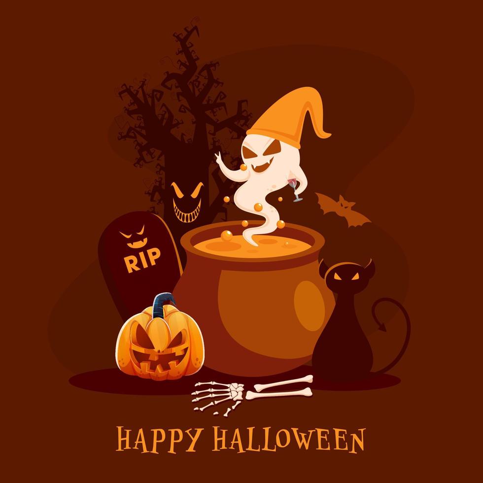 illustration de dessin animé fantôme en portant boisson verre avec chaudron pot, chat, squelette main, citrouille d'Halloween, déchirure et effrayant arbre sur marron Contexte pour content Halloween fête. vecteur