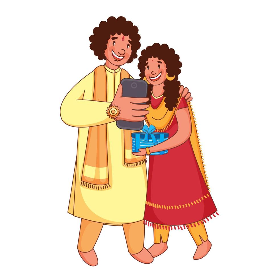 Jeune frère et sœur selfie ensemble de téléphone intelligent sur le occasion de rakhi festival. vecteur