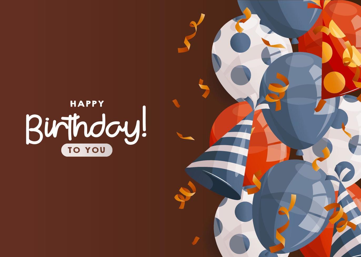 anniversaire marron horizontal promo bannière avec rouge, bleu brillant des ballons, casquettes, confettis. anniversaire faire la fête, fête, vacances, événement, de fête concept. bannière, prospectus, publicité. rabais. dessin animé vecteur