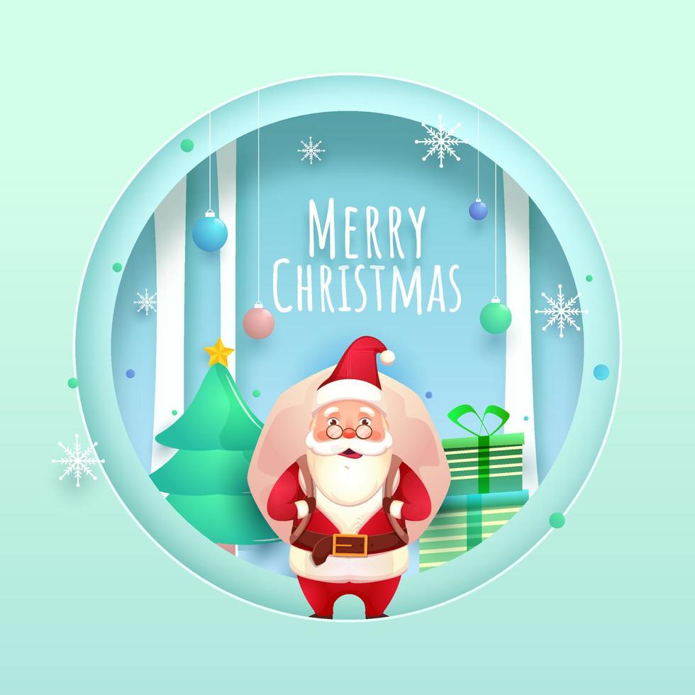 papier Couper cercle forme Contexte décoré avec pendaison boules, flocons de neige, cadeau des boites, Noël arbre et Père Noël claus levage une lourd sac pour joyeux Noël fête. vecteur