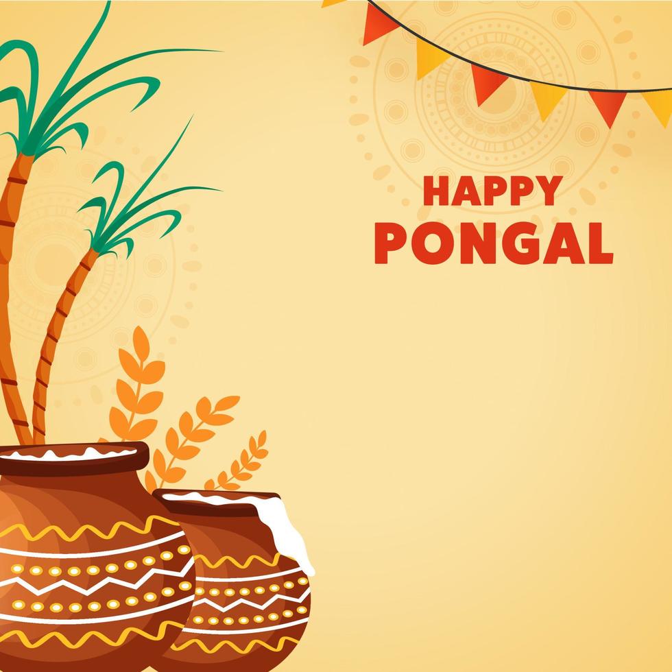content pongal fête concept avec traditionnel plat dans boue marmites, canne à sucre, feuilles sur Jaune Contexte. vecteur