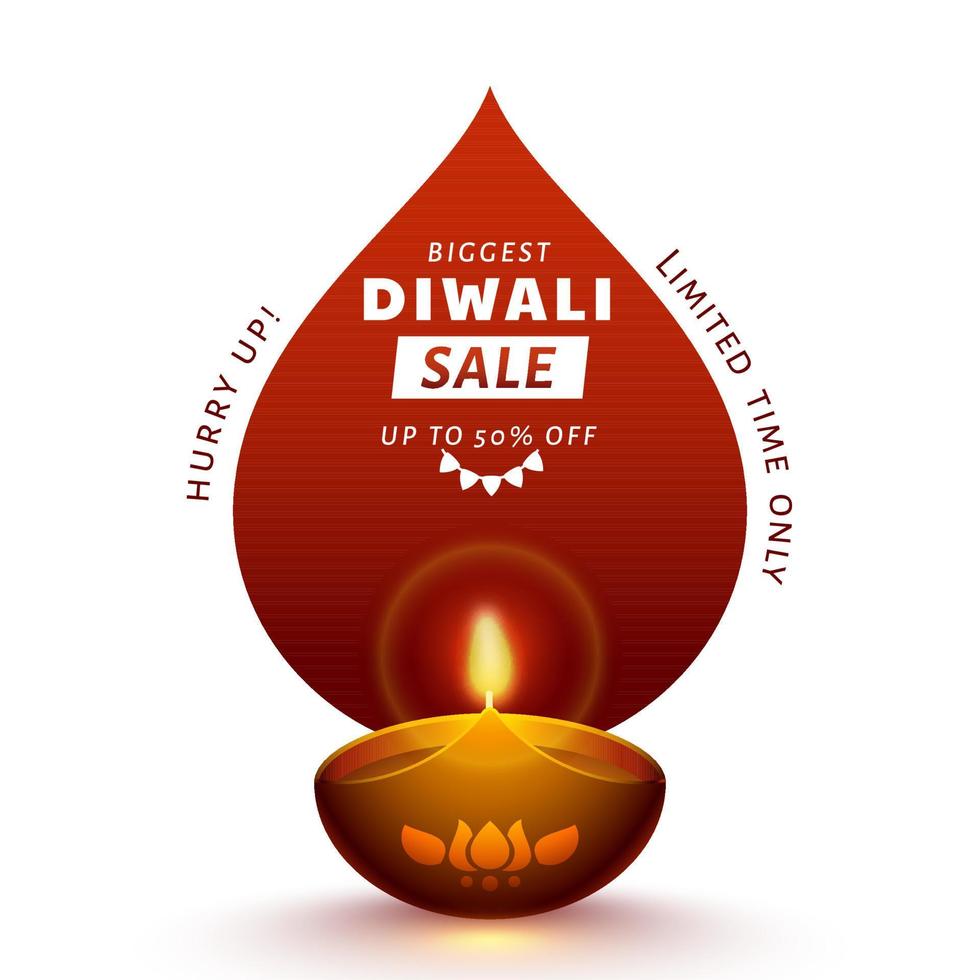 diwali le plus gros vente affiche conception avec 50 remise offre et allumé pétrole lampe diya sur blanc Contexte. vecteur